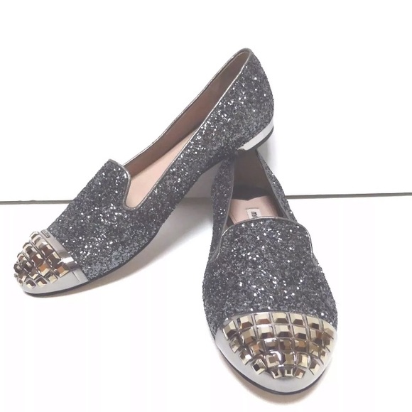 Miu Miu Shoes - Miu Miu Studded glitter leather Loafers 38.5 NEW